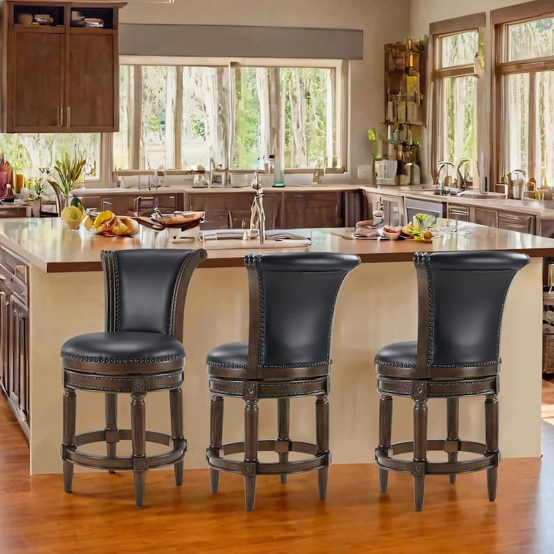 Traditional 26" Counter-Height Wood Swivel Barstool with Nailhead Trim - Set of 3 - Walnut