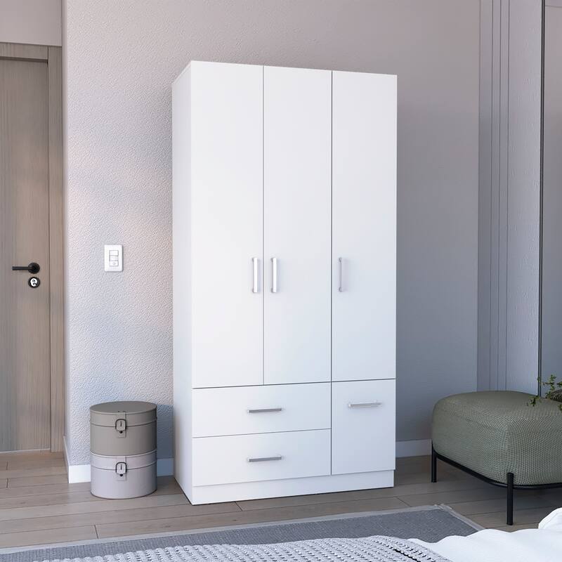 18.7" Modern Four-door Armoire with Hanging Rod, Two Drawers and 6 Shelves