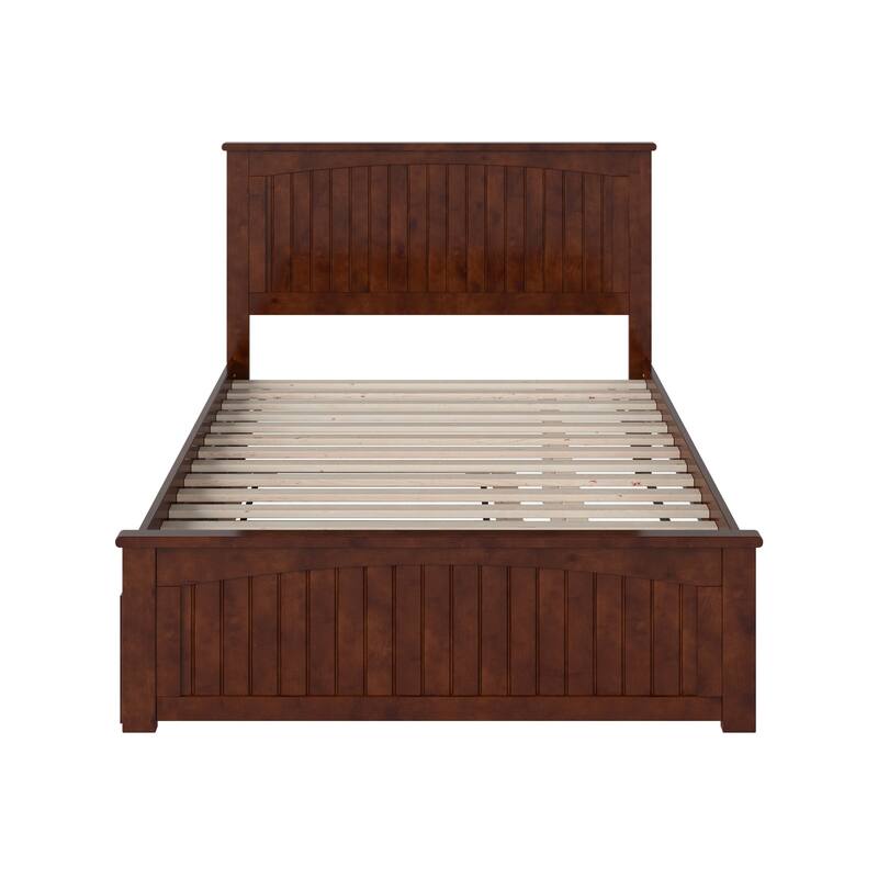 Solid Wood Platform Bed with Footboard & Trundle - Full Size, Walnut Finish