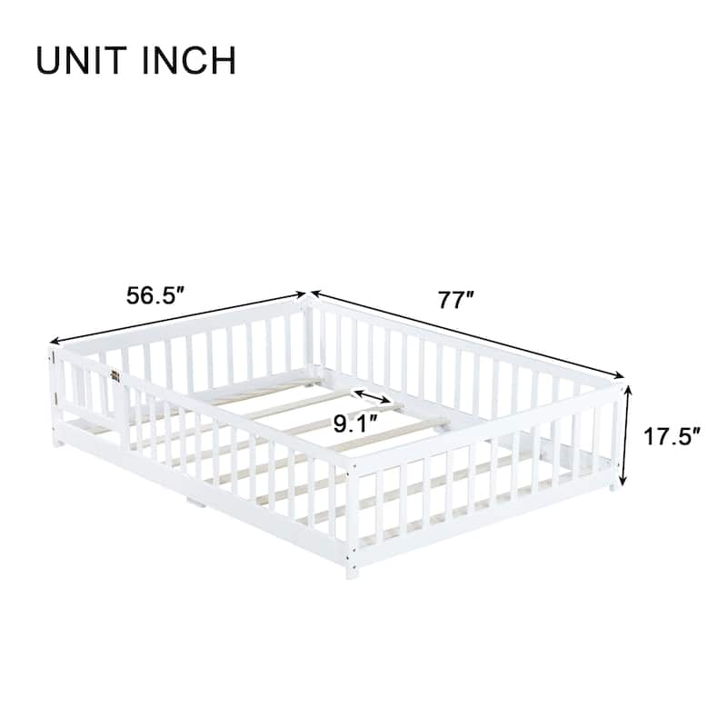 Full Size Floor Bed with Fence and Door,Rubber Wood Floor Bed with Safety Guardrails