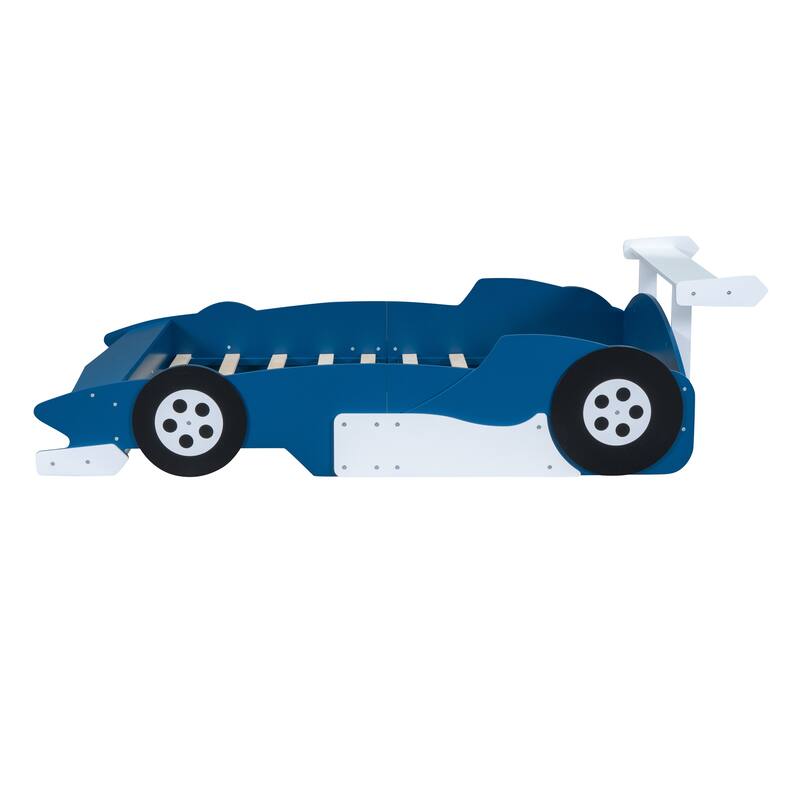 Full Size Race Car-Shaped Platform Bed with Wheels in Blue
