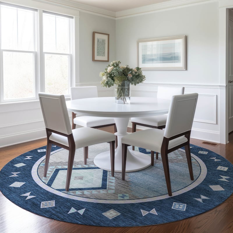 Premium Washable Super Soft Boho Tribal Mayfield Rug - Blue - 8' x 8' - Round