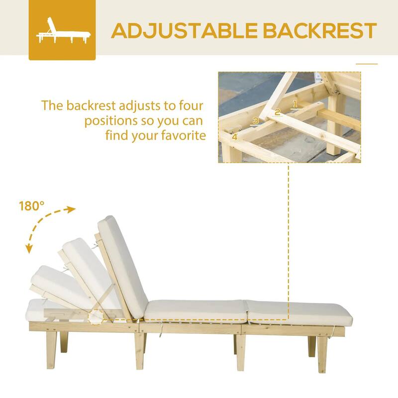 Wood Chaise Lounge, Outdoor Recliner, 4-Pos Adjustable with Cushioned