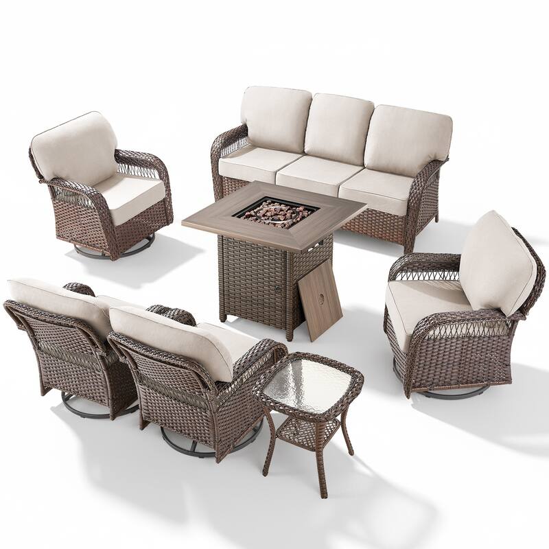 Pocassy Outdoor Sofa Ottoman Swivel Chair Table with Fire Table Funiture Set.