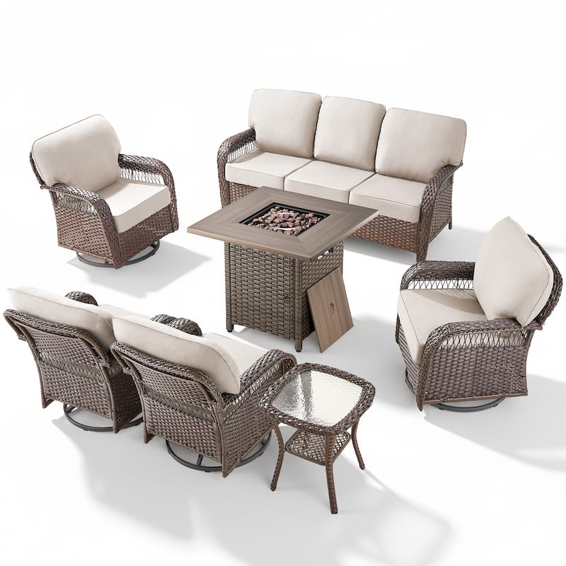 Pocassy Patio Outdoor Fire Table with Sofa Ottoman Swivel Chair Funiture Set.