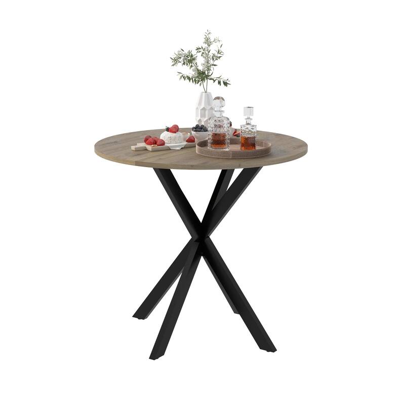 31.5 Inch Round Dining Table, Small Circle Kitchen Table with Metal Black Legs for 2-4 people,Modern Dining Room Table, Brown (o