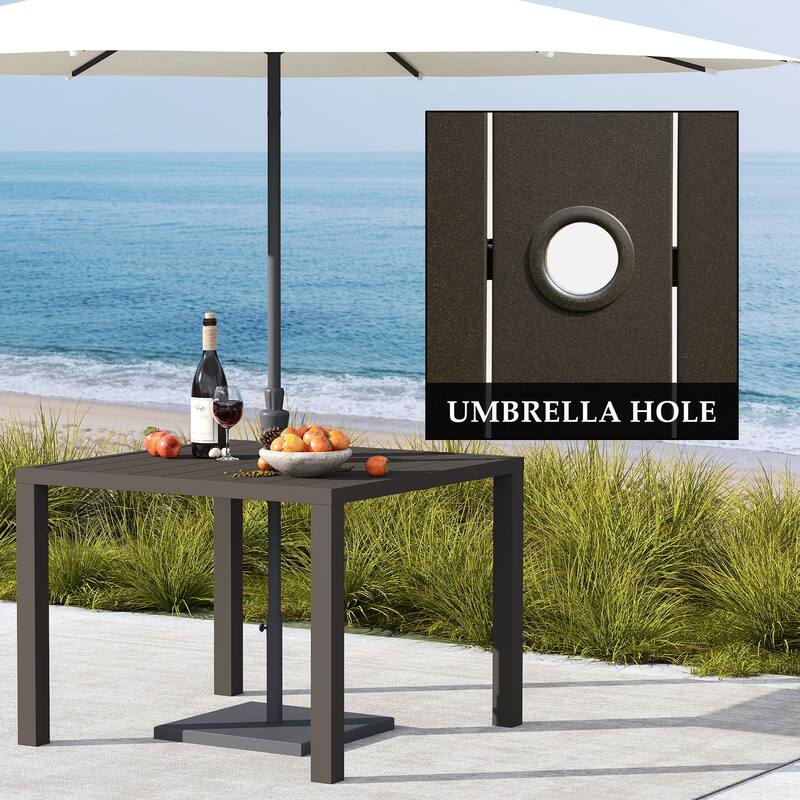 Outdoor Dining Table for 4 Person,Square Slatted Metal Patio Table for Deck Garden Lawn Backyard Use with Umbrella Hole