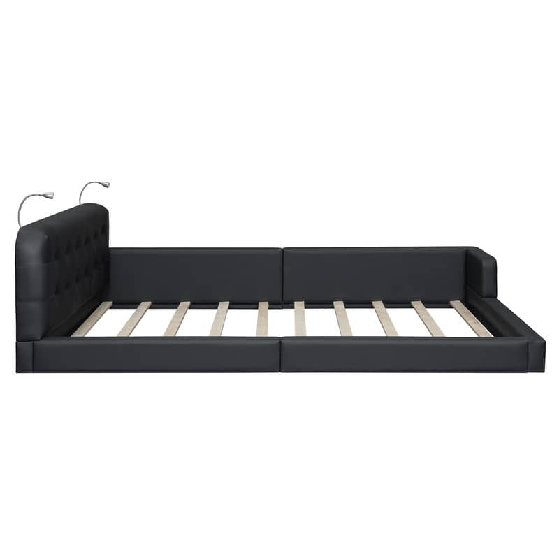 Queen Size Upholstered Platform Bed with 2 Bedside Lights on Headboard, Semi-Open Design PU Leather Floor Bed Frame