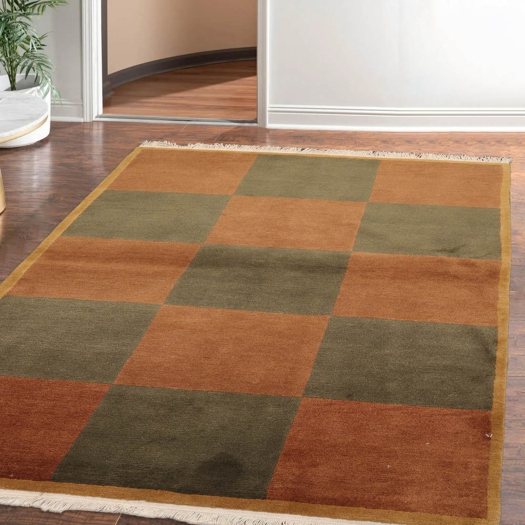 Hand Knotted Tibetan Brown Geometric Wool Modern Oriental Area Rug - 4' 1'' x 6'