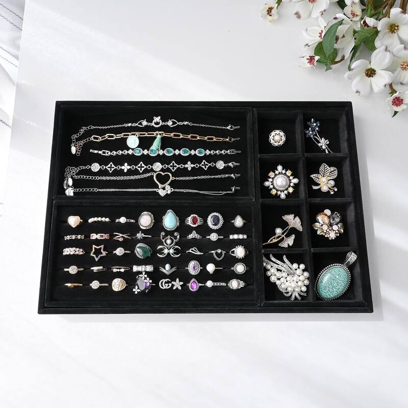Jewelry Organizer Tray Set, Multifunctional Storage for Rings, Necklaces, Earrings, and Bracelets, Black Velvet - S