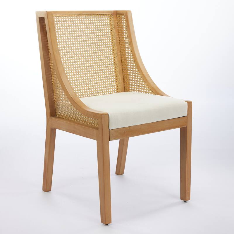 Rattan Dining Chairs, Solid Wood Frame with Decorative Armrests, Linen Upholstered Seat, Wooden Style Side Chairs,Single Pack