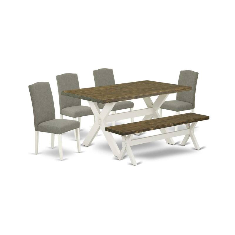 6-Piece Rectangle Distressed Jacobean Finish Solid Wood Top Dining Table with 1-Bench, 4-Chairs with