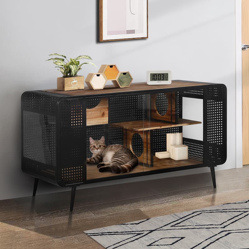 Roomfitters 55.12'' Spacious Cat House with Tempered Glass - Ideal for Living Room, Hallway, Study, Black and Brown