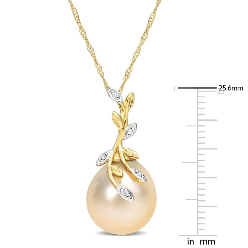 Miadora Golden South Sea Cultured Pearl & Diamond Accent Leaf Pendant in 14k Yellow Gold (12-12.5mm)