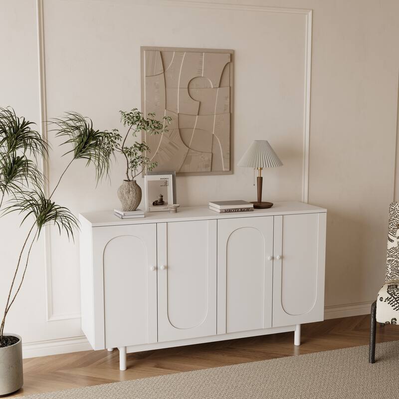 Functional 4-Door Intaglio Storage Cabinet with Pine Legs - White