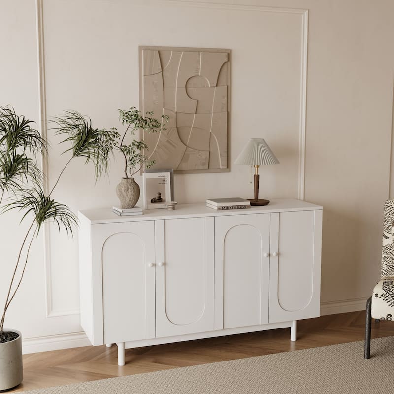 Stylish and Functional 4-Door Intaglio Storage Cabinet with Wood Legs