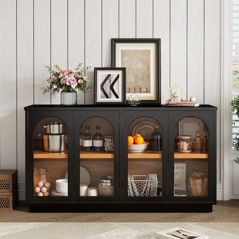 Storage Cabinet Buffet Sideboard with 4 Arched Glass Doors, Wood Accent Entryway Table with Adjustable Shelves