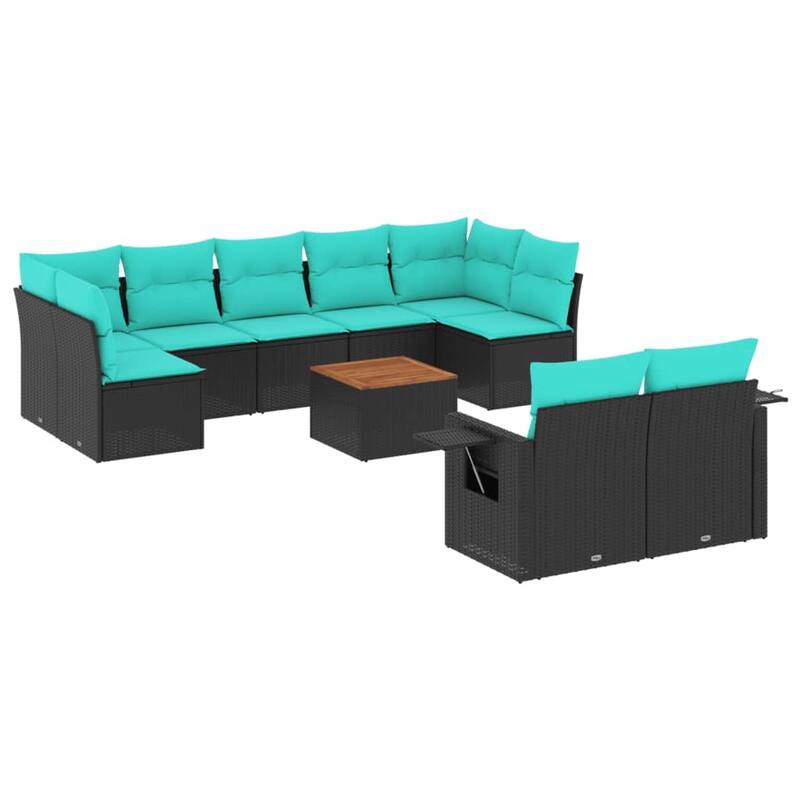 vidaXL 10 Piece Patio Sofa Set with Cushions Black Poly Rattan - 24.4" x 24.4" x 27.2"