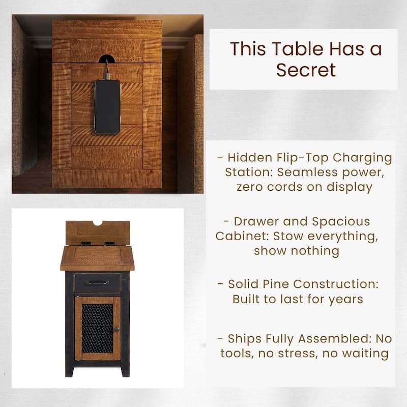 Rustic Solid Wood Chairside End Table with Hidden Charging Station