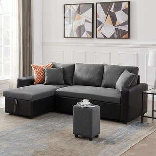 Linen Reversible Sleeper Sectional Sofa with storage and 2 stools - 93 ...