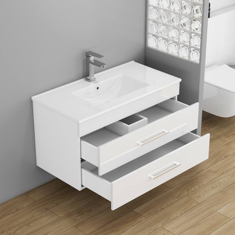36-Inch White Gloss Wall-Mounted Bathroom Vanity with Double Drawers, Soft-Close System,Ceramic Sink,Long Metal Handle