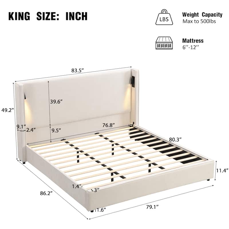 Beige Frame Upholstered Platform Wingback Bed Thick Corner High Headboard with 2 Sets of Wall Sconces, Center Metal Legs Support