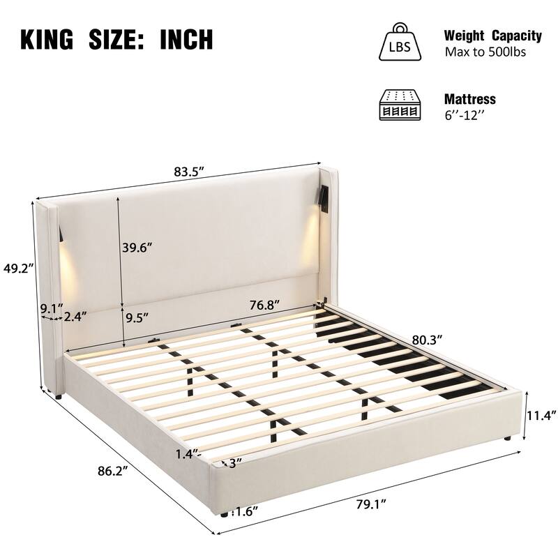 Beige Upholstered Bed Frame with High Wingback Headboard, Reading Lamp and USB Port, Low-Profile Platform Bed for Bedroom
