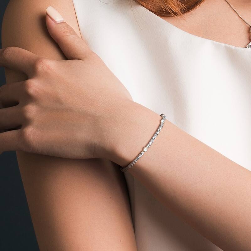 Miadora 4-4.5mm Cultured Freshwater Pearl 5 3/8ct Created White Sapphire Bracelet Sterling Silver