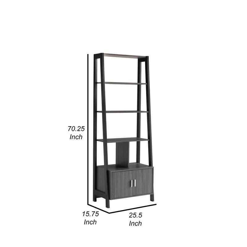 70 Inch Ladder Bookcase with Double Door Cabinet, 3 Shelves, Gray, Black