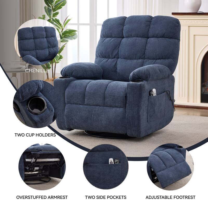 Swivel Recliner Chair with Heat & Massage, Oversized Fabric Manual Recliner Chair, Single Sofa with Cup Holders & Side Pocket