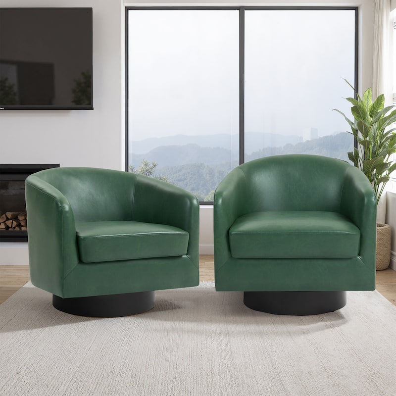 2 Set Modern Wide Round Swivel Accent Barrel Chairs - Faux Leather - P-Green-Set of 2