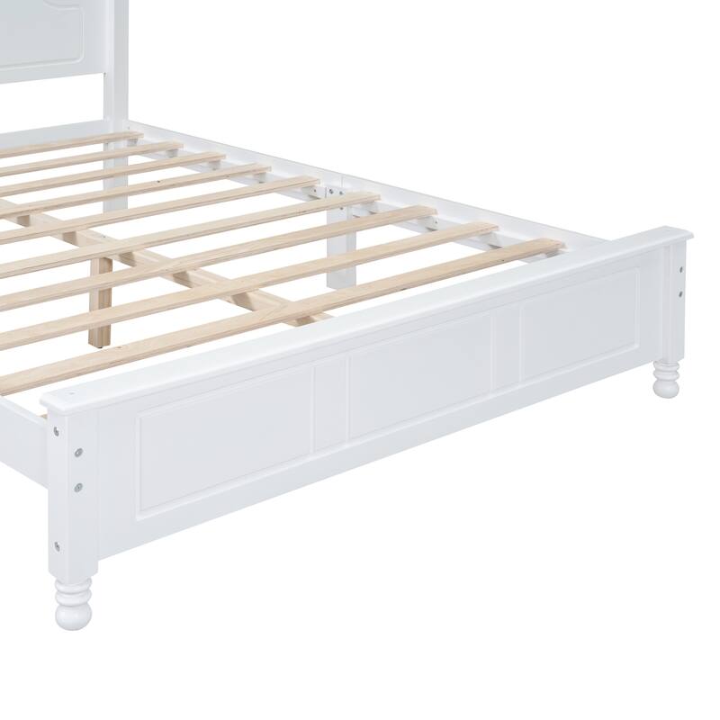 Queen Size Retro Wood Platform Bed Frame with Wooden Slat Support, White
