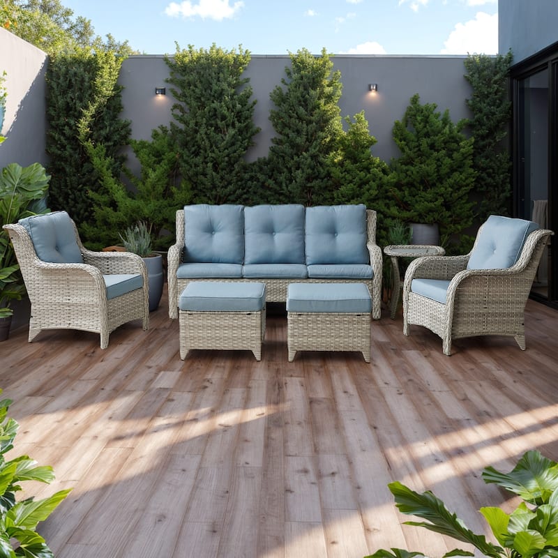 6 Pieces All Weather Wicker Sofa Patio Chair Set - Light Grey - Baby Blue