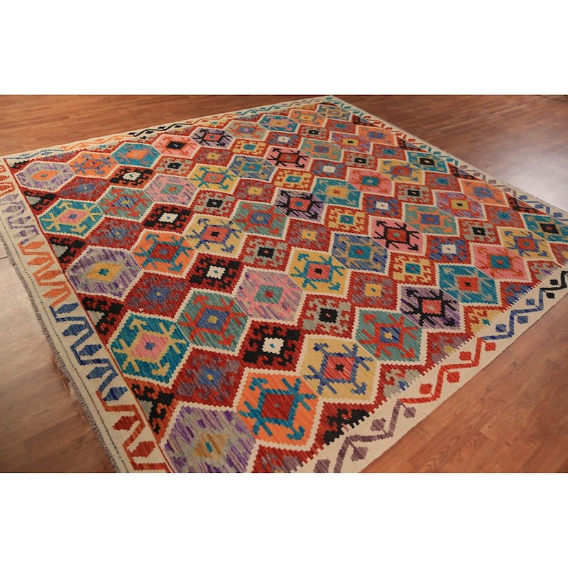 Geometric Kilim Oriental Area Rug Hand-Woven Multi-Color Wool Carpet - 8'9"x 9'7"