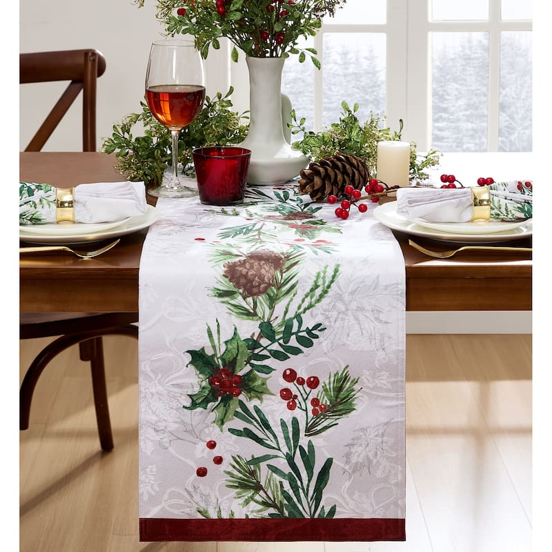 Holly Berry Flourish Holiday Fabric Table Runner - 14"x70" - 14"x70"