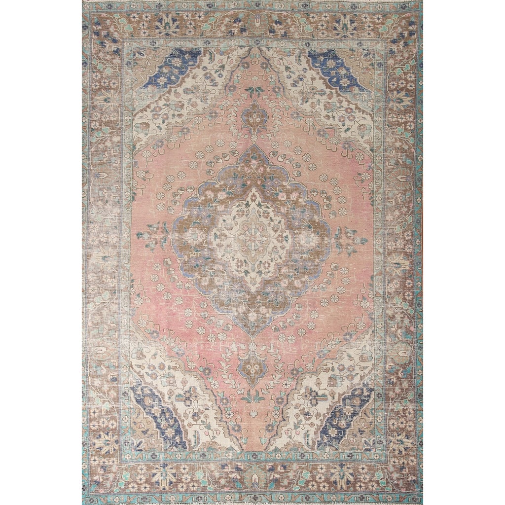 Hand Knotted Oriental 100% Wool Carpet Traditional Medallion Pink Tabriz Area Rug - 9' 8'' X 6' 8''