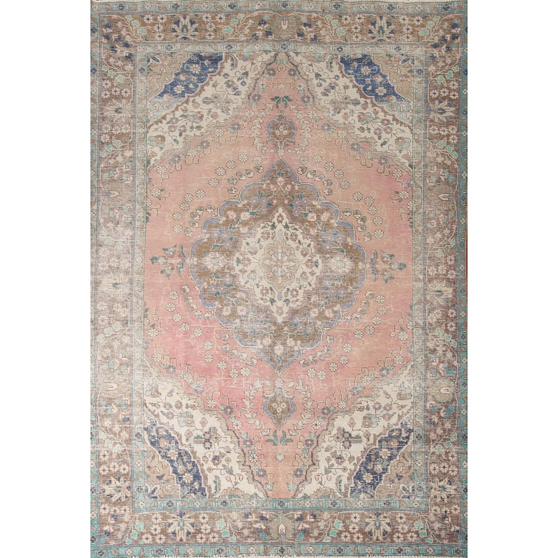 Hand Knotted Oriental 100% Wool Carpet Traditional Medallion Pink Tabriz Area Rug - 9' 8'' X 6' 8''