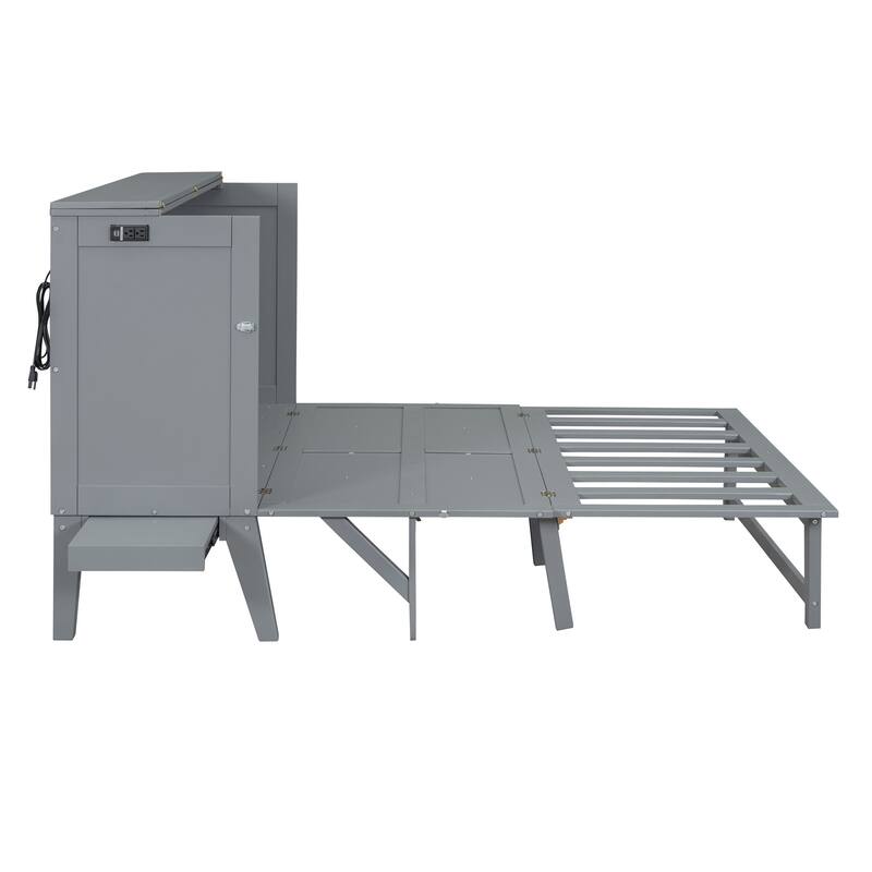 Queen Size Murphy Bed with USB Port, Solid Wood Murphy Chest Bed, Platform Murphy Bed Frame with Removable Shelves On Each Side