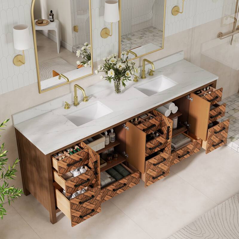 84" Freestanding Bathroom Vanity with Engineered Stone Top, Ceramic Double-Sink, Built-In Power Outlet, and Hair Dryer Storage