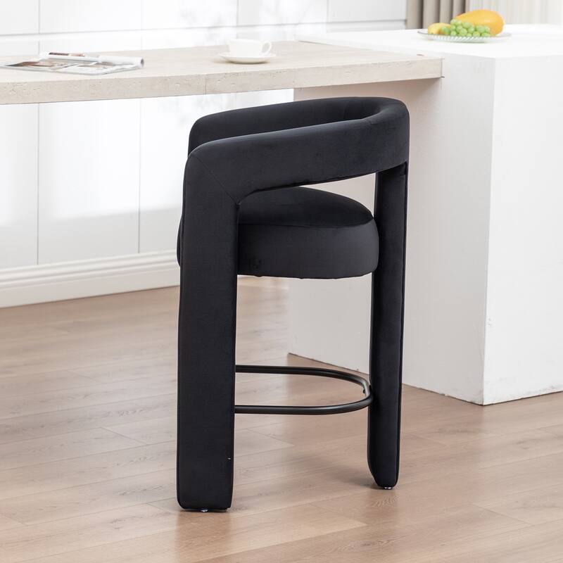 SEYNAR Modern Velvet 34.6''H Fixed Height Open-Back Bar Stool with Metal Footrest