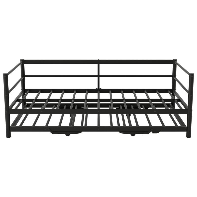 Twin Size Daybed with LED Light and Adjustable Trundle, Metal Daybed Frame Sofa Bed with Pop Up Trundle and Slats Support