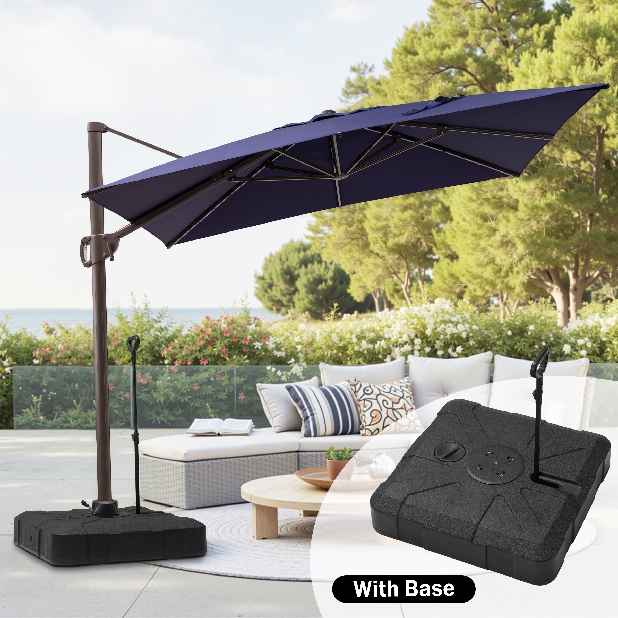 california umbrella navy offset 11-ft patio umbrella with base Elm 10 ft. Outdoor / Cantilever Hanging The curvy patio offset umbrella has a generous large canopy 11 x 11FT Outdoor Patio