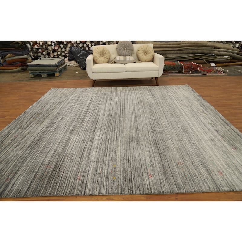 Hand Knotted Oriental Viscose Silk Carpet Tribal Animal Pictorial Greys & Charcoal Gabbeh Area Rug - 9' 11'' X 9' 11''