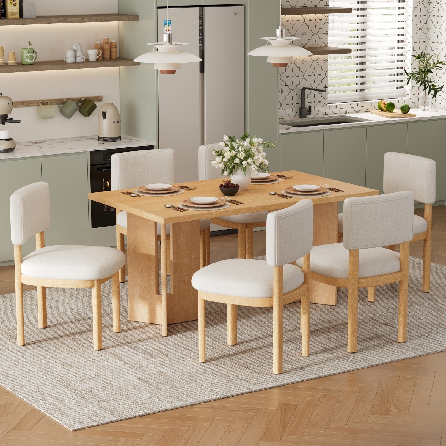 7-Piece Dining Set, 60" Rectangular Table with 6 Upholstered Chairs