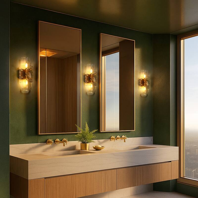 Modern 2-Light Gold Wall Sconce Textured Glass Bathroom Vanity Light - L14.2" x W6.3"