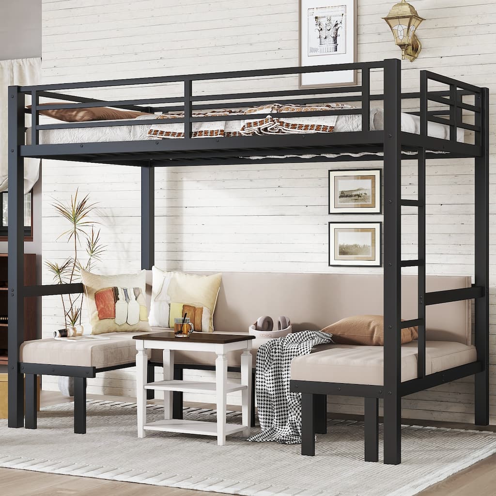 Roomfitters Full/Queen Metal Pull-Out Bunk Bed with 3-Section Expandable Lower Bunk & Safety Rails, Space-Saving Frame, Black