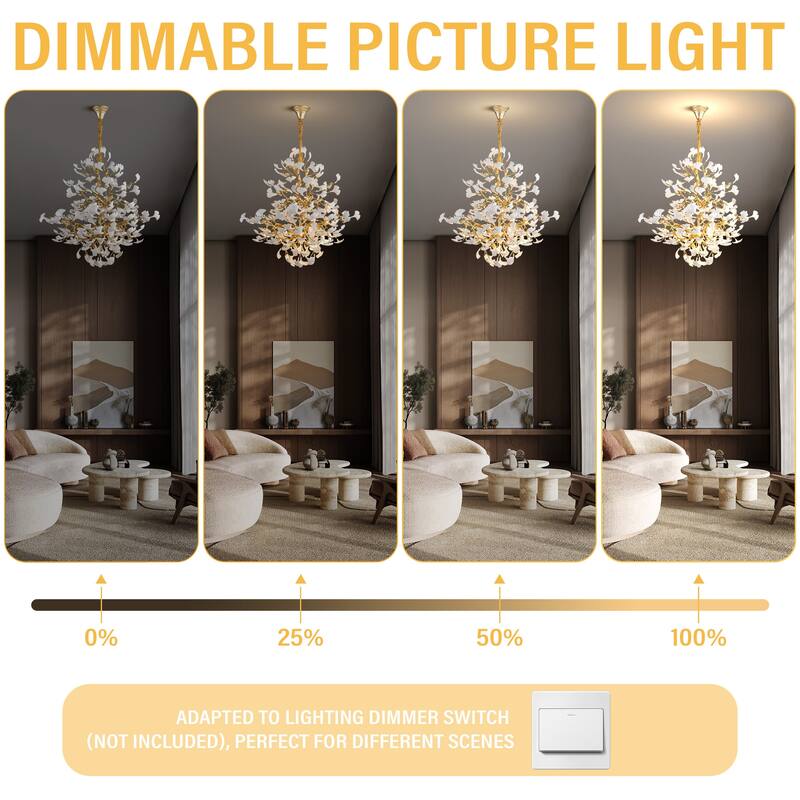 Modern Ginkgo Leaf Ceramic Chandelier, Moon Ring Round Pendant Light, D550-D1200, Gold Finish