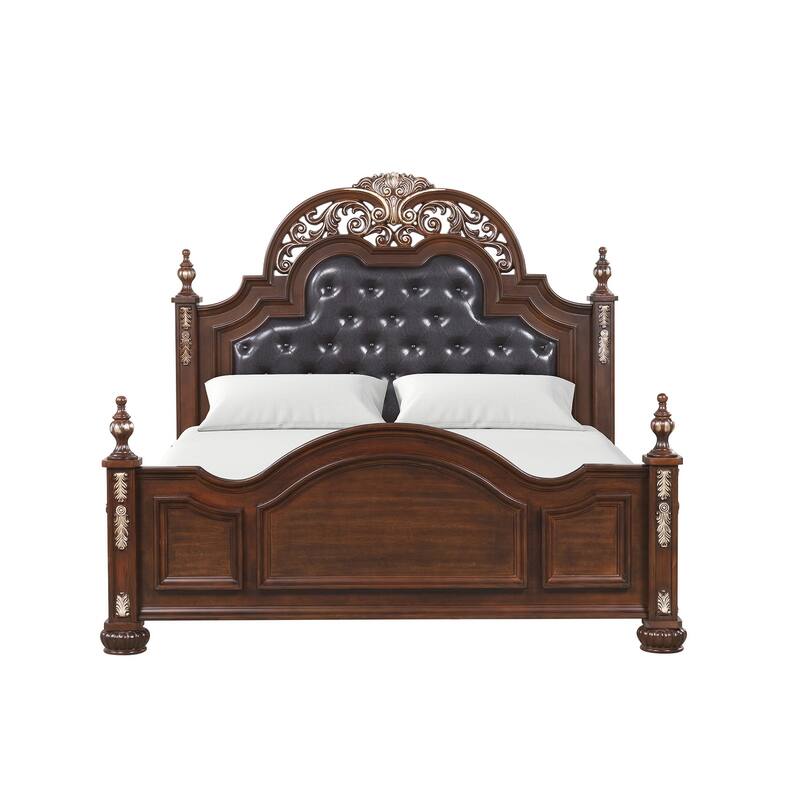 Lyon Cherry Wood Frame Faux Leather Upholstered Panel Bed - Queen - Cherry