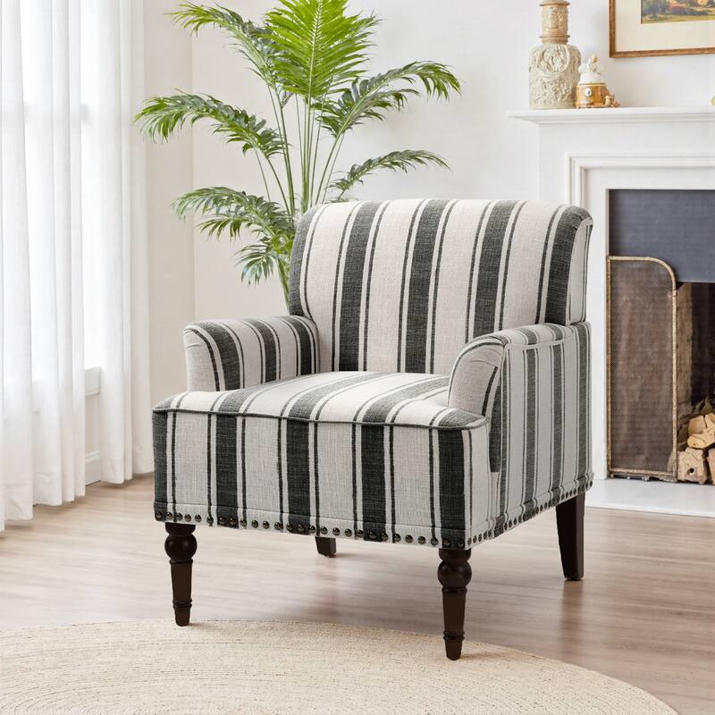 Stripe Linen Accent Arm Chair with Nailhead Trim and Wood Legs