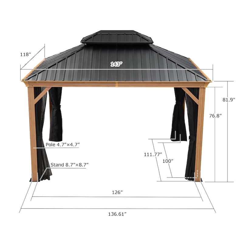 PURPLE LEAF Hardtop Gazebo Galvanized Steel Roof Gazebo Pergola Wooden Coated Alumninum Frame Wiht Mosquito Net and Light
